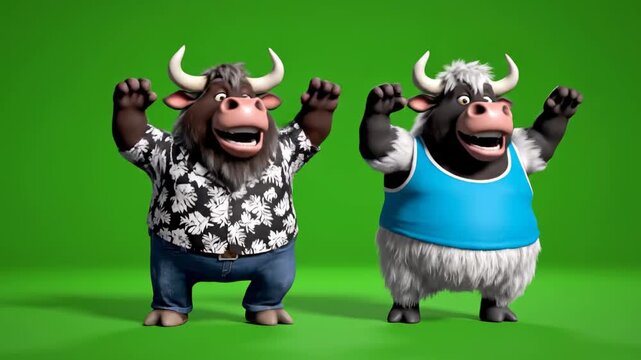 Funny Animated Bull Character Wearing a Floral Shirt and Jeans Walking on a Green Screen Background, Ideal for Video Editing and Creative Storytelling.