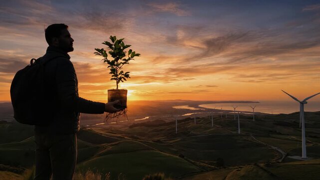 Man holding tree sapling at sunset overlooking wind turbines and scenic landscape, symbolising environmental sustainability and green energy.