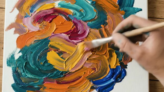 Close-up of Artist Hand Applying Thick Textured Oil Paint with Brush on Canvas