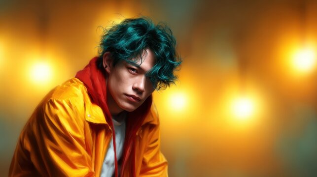 A young man with striking teal hair dressed in a vibrant outfit poses with a serious expression, set against a backdrop of softly glowing lights, symbolizing urban culture and uniqueness.