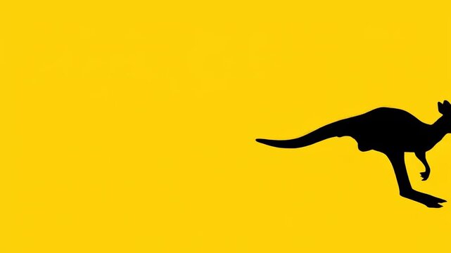 Jumping Kangaroo Silhouette: Black Kangaroo Leaping Against a Solid Yellow Background, Ideal for Australian Travel Promotions or Wildlife Conservation Projects.