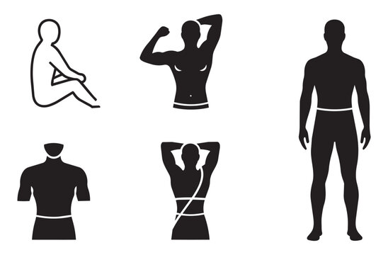 Collection of five silhouette icons representing human body measurements and fitness, focusing on physique assessment and body composition.eps
