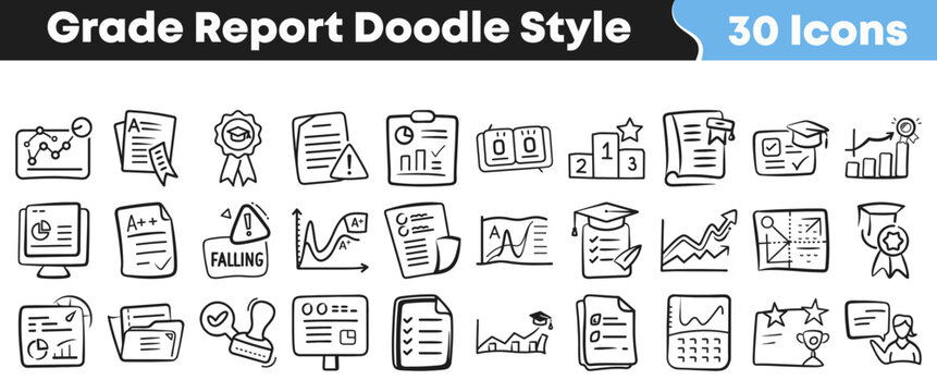 Hand drawn doodle style icons representing school grade report cards