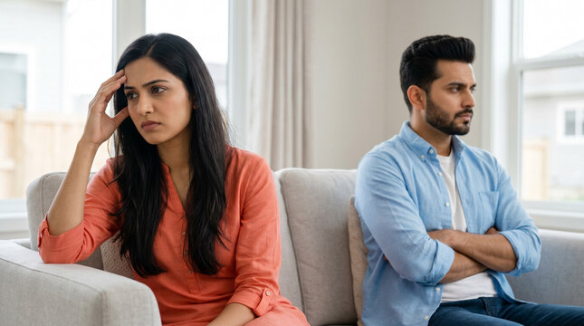 indian couple sitting apart on sofa after argument representing relationship conflict and communication issues concept