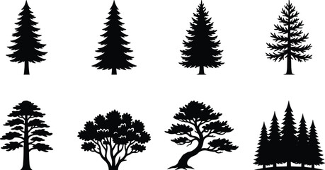 Fototapeta premium Vector silhouettes of diverse tree shapes including coniferous, broad-leaved, bush-like, curved trunk, and clustered forest designs