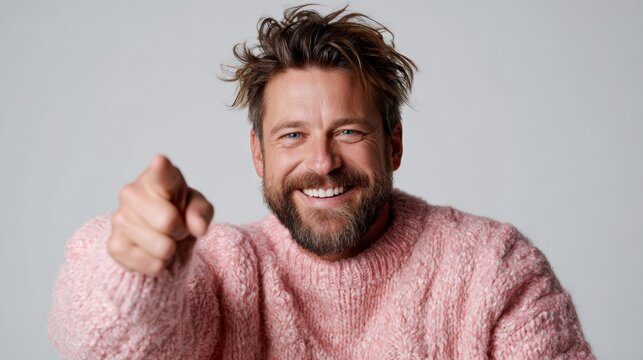 A cheerful man in a fluffy pink sweater points playfully at the camera, capturing the essence of fun and spontaneity, radiating warmth and charisma that draws viewers in effortlessly.