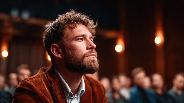 A contemplative man listening attentively in a theater setting, reflecting the immersive experience of live performances and the importance of engagement in cultural events.