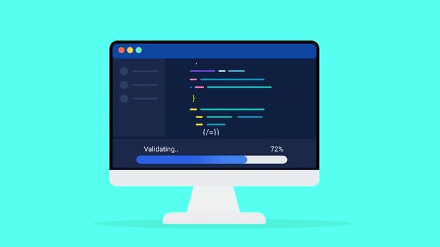 Animated flat vector illustration of a desktop monitor displaying source code, validation status, and progress tracking. Modern software testing and programming workflow concept.