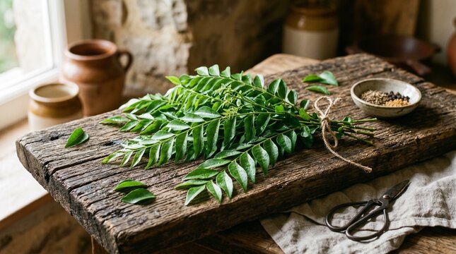 Fresh green curry leaf branches resting on rustic weathered wooden plank