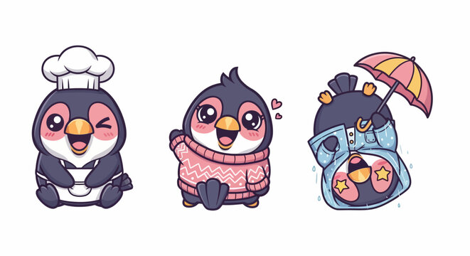 Cute cartoon penguins in various adorable professions and outfits.