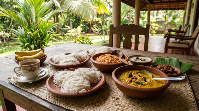 Traditional Sri Lankan breakfast layout string hoppers pol sambol dhal on mat