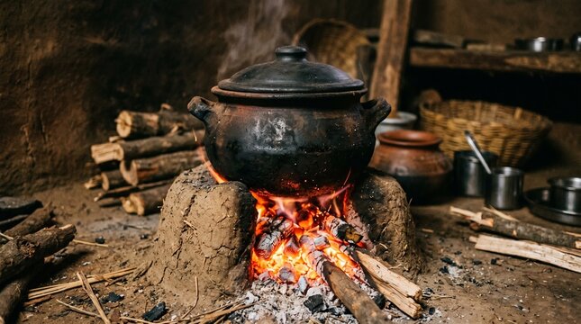 Rustic clay pot sitting on traditional mud stove with glowing embers in rural kitchen