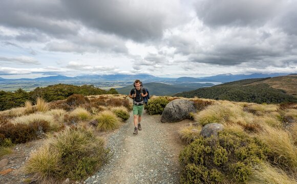 Hiker on Kepler Track, Fiordland National Park, Southland, South Island, New Zealand