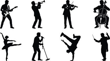 Music and performing arts silhouette icons set featuring electric guitar trumpet violin cello ballet dancer singer breakdancer and conductor © Asib