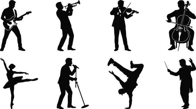 Music and performing arts silhouette icons set featuring electric guitar trumpet violin cello ballet dancer singer breakdancer and conductor