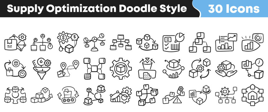 Collection of supply chain optimization doodle icons for business logistics