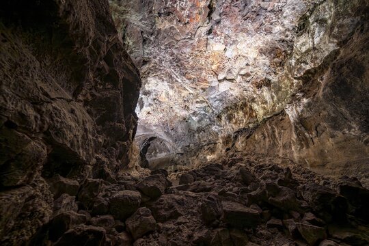 Underground cave formed by lava flow, illuminated lava cave, Cueva de los Verdes, Lanzarote, Canary Islands, Spain