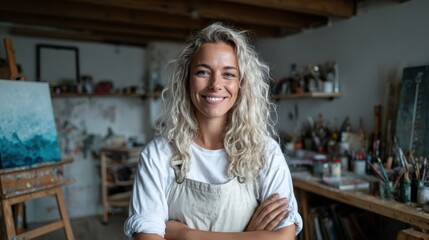 Fototapeta premium A joyful artist with curly hair and a warm smile stands confidently in her cluttered art studio, surrounded by creative tools and inspiring artwork, reflecting creativity and passion.