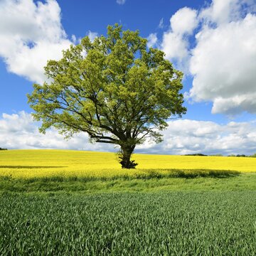 Cultural landscape in spring, large solitary oak (Quercus), corn and rape fields, blue sky with cumulus clouds, Burgenlandkreis, Saxony-Anhalt, Germany