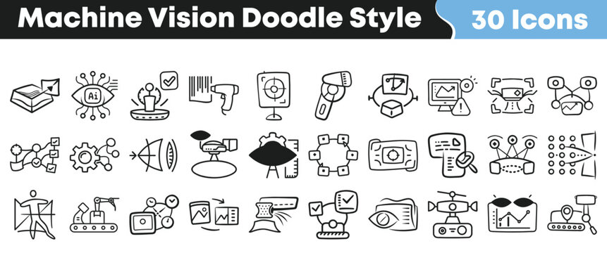 Set of thirty hand drawn machine vision technology icon illustrations