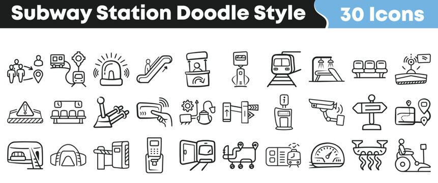 Collection of hand drawn subway station icons in doodle style