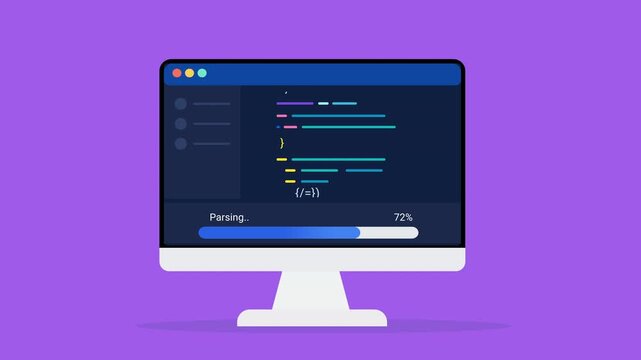 Animated flat vector illustration of a desktop monitor displaying source code, parsing status, and progress tracking. Modern software development and programming workflow concept.