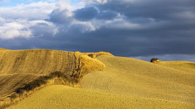 Dark clouds over hilly fields, near Leonina, Tuscany, Italy