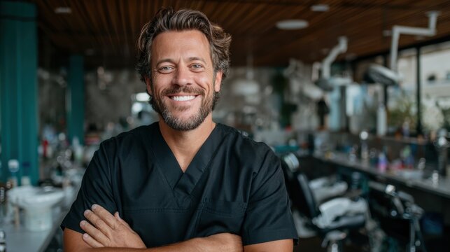 A friendly male dentist in scrubs stands confidently in a modern dental clinic, radiating warmth and professionalism while surrounded by dental tools and equipment.