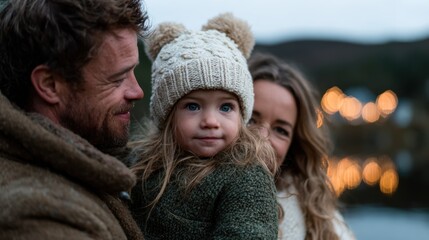 Fototapeta premium A family portrait filled with love and warmth, featuring a child smiling happily with their parents against a serene lakeside backdrop, perfect for capturing life's tender moments.