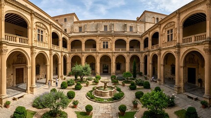 Fototapeta premium Historic Courtyard with Fountain and Arches, Spanish Architecture, Salamanca