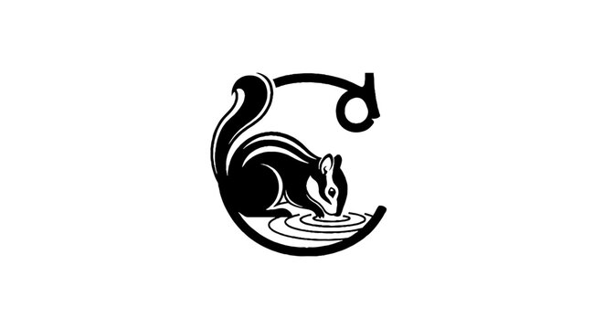 Black and white squirrel logo design with water ripple effect.