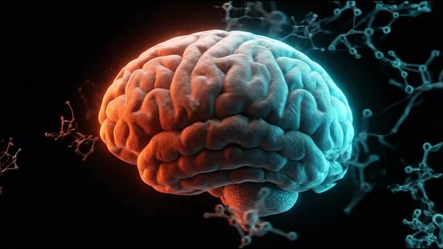 Digital human brain with molecular structures on black background.