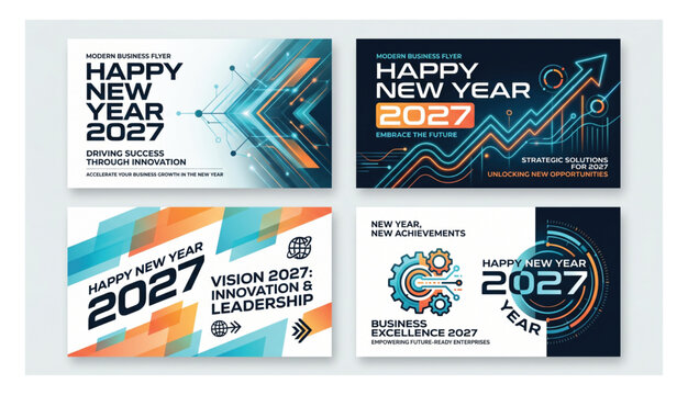2027 happy new year professional business flyers set with innovation strategy and growth symbols business innovation strategy leadership corporate template abstract professional marketing