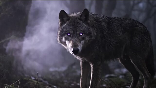 Grey wolf standing in dark misty forest.
