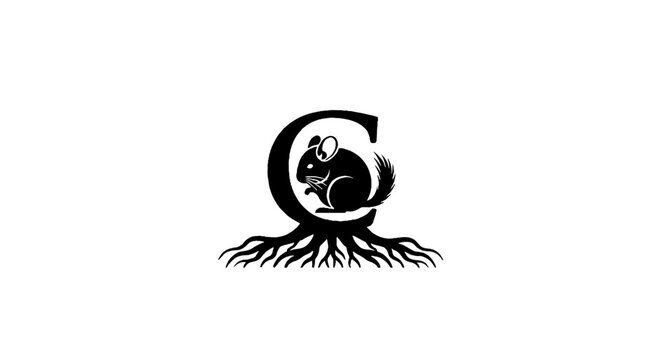 Stylized letter C with squirrel and roots design.