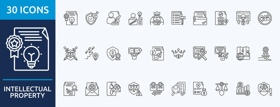 intellectual property
- Icon Collection. Thin outline Set contains such Icons as patent, trademark, author, creator, market monopoly, clause, registry and more. Simple web icons set
