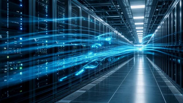Modern data center with glowing blue network connections and server racks in high tech environment