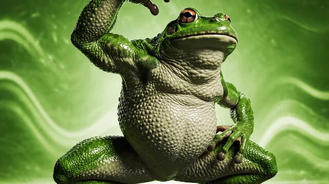 Muscular humanoid frog posing in green light.