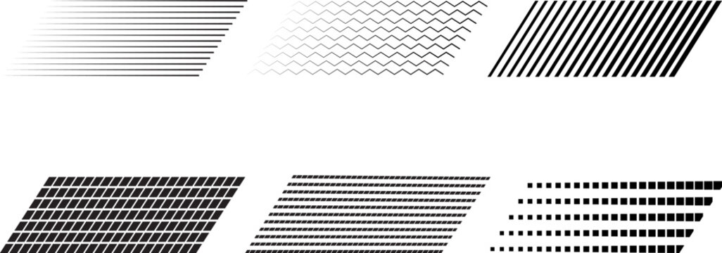 Abstract geometric monochrome line texture isometric grid vector illustration set. Simple linear skew stripe pattern collection, minimalist black speed halftone dash element pack isolated on white bac