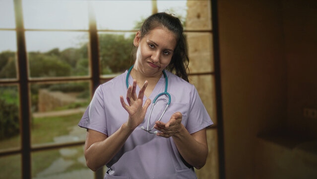 Woman doctor wearing stethoscope rubbing hands in an empty building room by a window, indoor setting; fatigue.