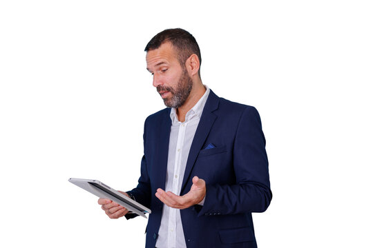 Businessman looking confused and shrugging while holding an electronic tablet, facing a problem or issue with modern technology