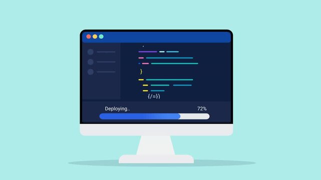 Animated flat vector illustration of a desktop monitor displaying source code, deployment status, and progress tracking. Modern software release and programming workflow concept.