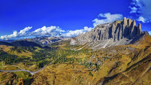 The peaks of the Puez Group, panoramic photo, drone photo, Val Gardena, Dolomites, Autonomous Province of Bolzano, South Tyrol, Italy