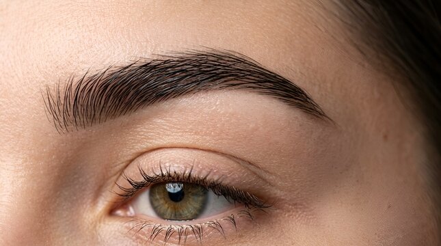 Close-up of a perfectly shaped woman's eyebrow and eye, natural beauty