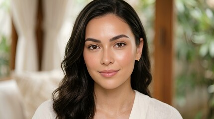 Fototapeta premium Close-up Portrait of a Beautiful Young Woman with Long Dark Hair and Soft Smile
