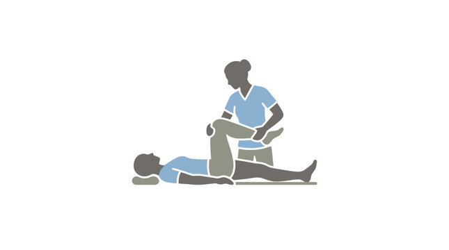 A physical therapist performing a hip flexion stretch on a patient lying on a table.
