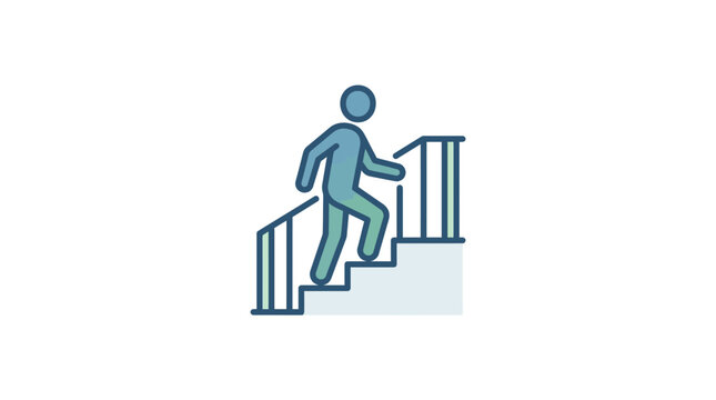A blue icon of a person walking up a staircase with a handrail.