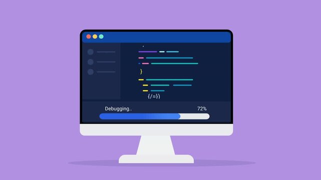 Animated flat vector illustration of a desktop monitor displaying source code, debugging status, and progress tracking. Modern software troubleshooting and programming workflow concept.
