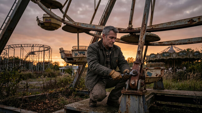 Man repairing old abandoned carousel in desolate landscape at sunset in warm nostalgic lighting for documentary