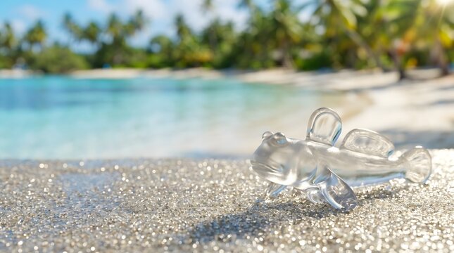 Transparent glass mudskipper resting on textured sand against a bright blurred tropical beach background